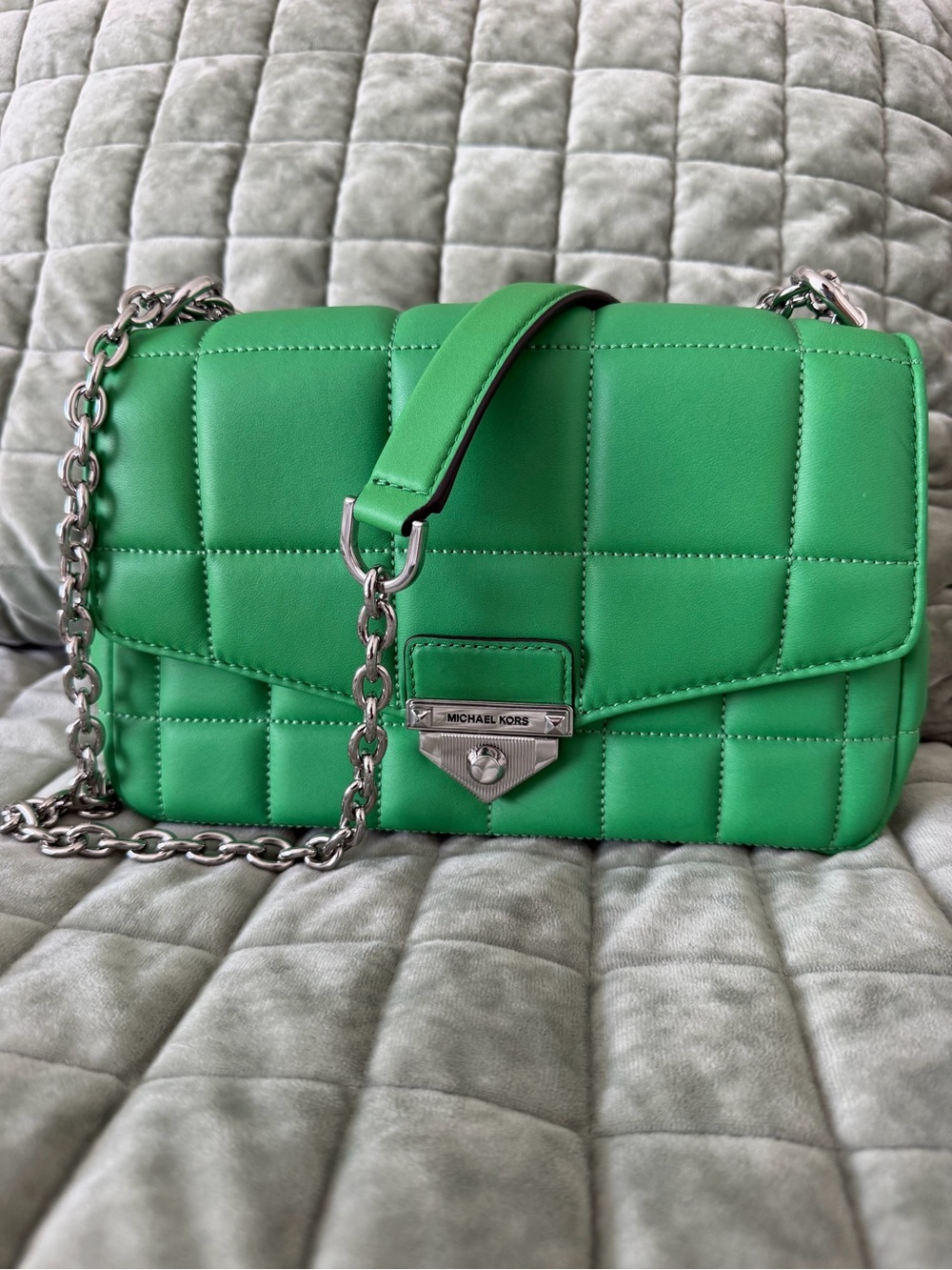NWT MICHAEL KORS Quilted SoHo Palm Green Shoulder Bag with SilverHardware